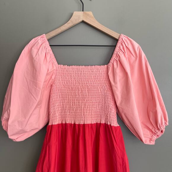 RHODE Eloise Smock Bodice Cotton Maxi Dress Size XS Pink Red Orange Tiered Chic - Picture 4 of 16